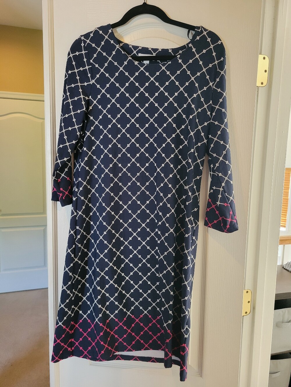 Charter Club Women's Large Navy Pink Geometric Print Knit Shift Dress 3/4 Sleeve